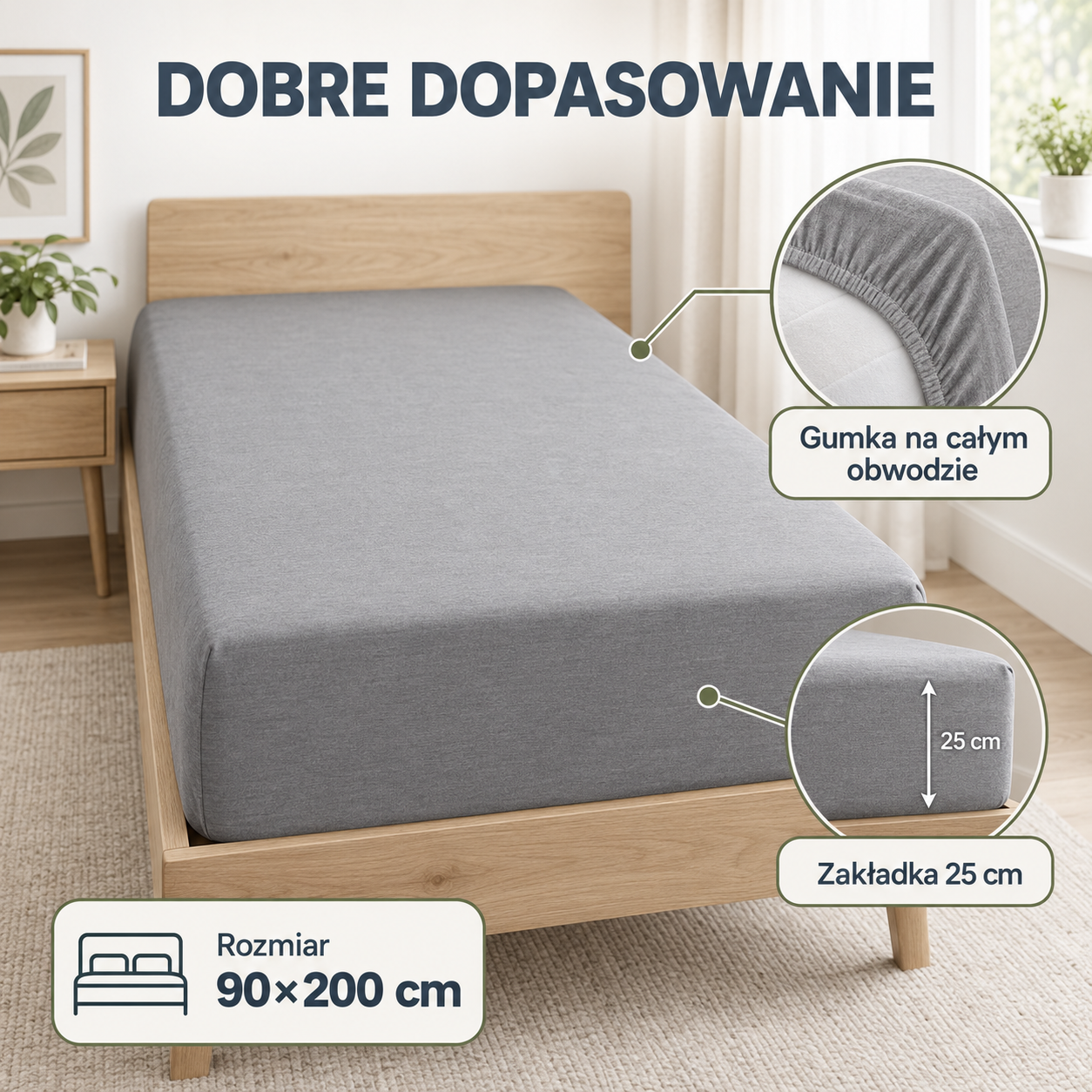 Szare prześcieradło jersey 90×200 cm z gumką na całym obwodzie i zakładką 25 cm