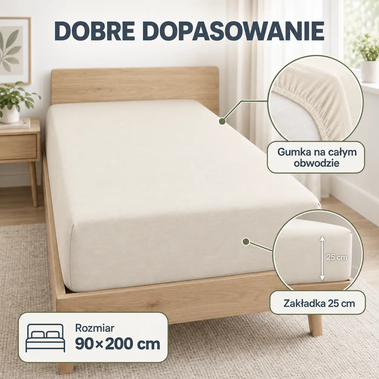 Kremowe prześcieradło jersey 90×200 cm z gumką na całym obwodzie i zakładką 25 cm