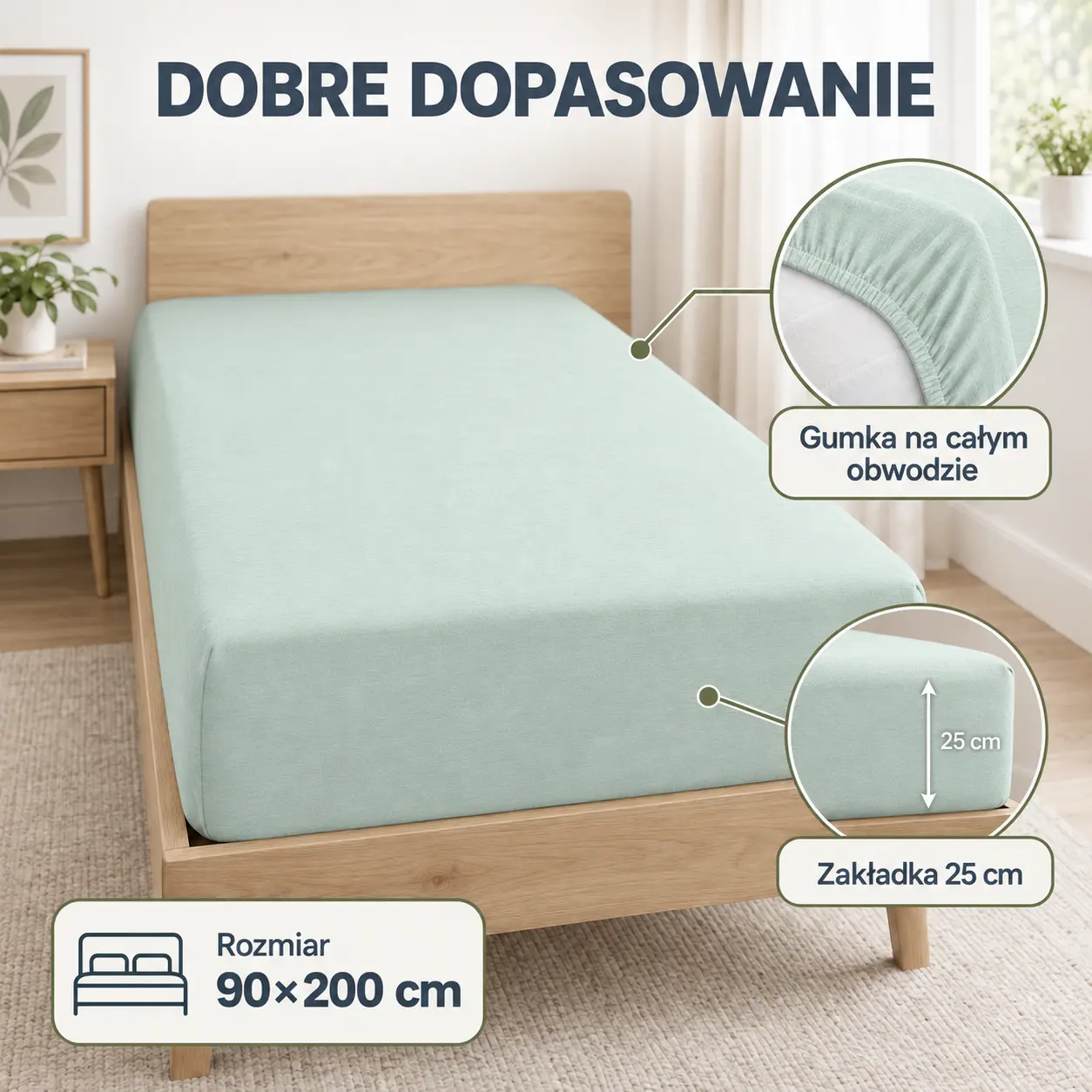 Miętowe prześcieradło jersey 90×200 cm z gumką na całym obwodzie i zakładką 25 cm
