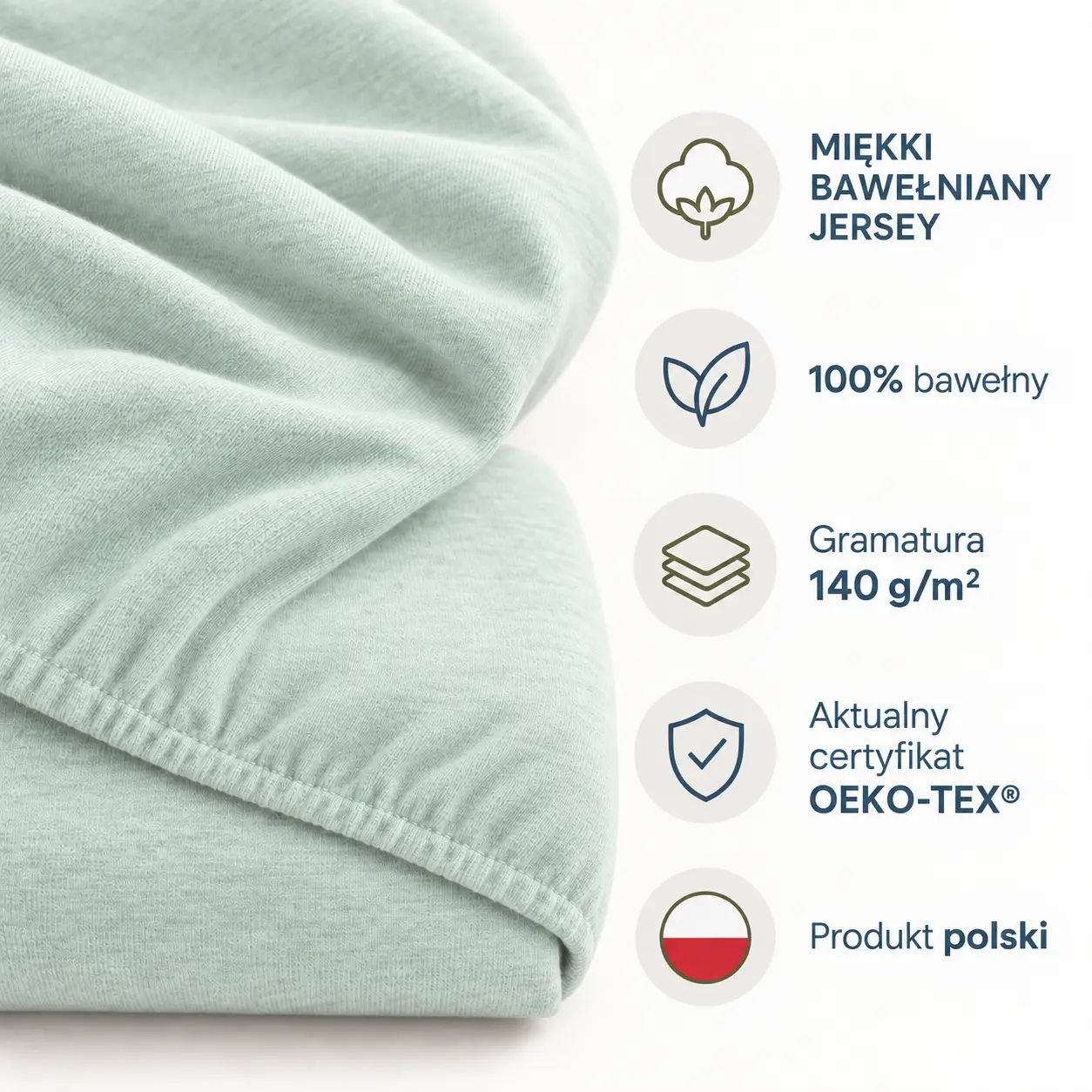 Cechy miętowego prześcieradła jersey: 100% bawełny, gramatura 140 g/m², OEKO-TEX® i produkt polski