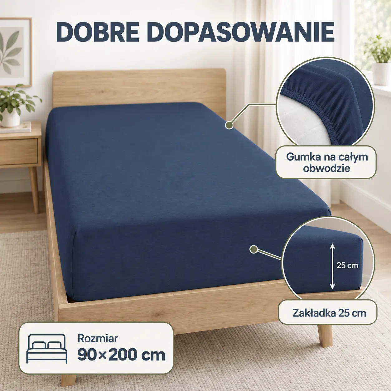 Granatowe prześcieradło jersey 90×200 cm z gumką na całym obwodzie i zakładką 25 cm