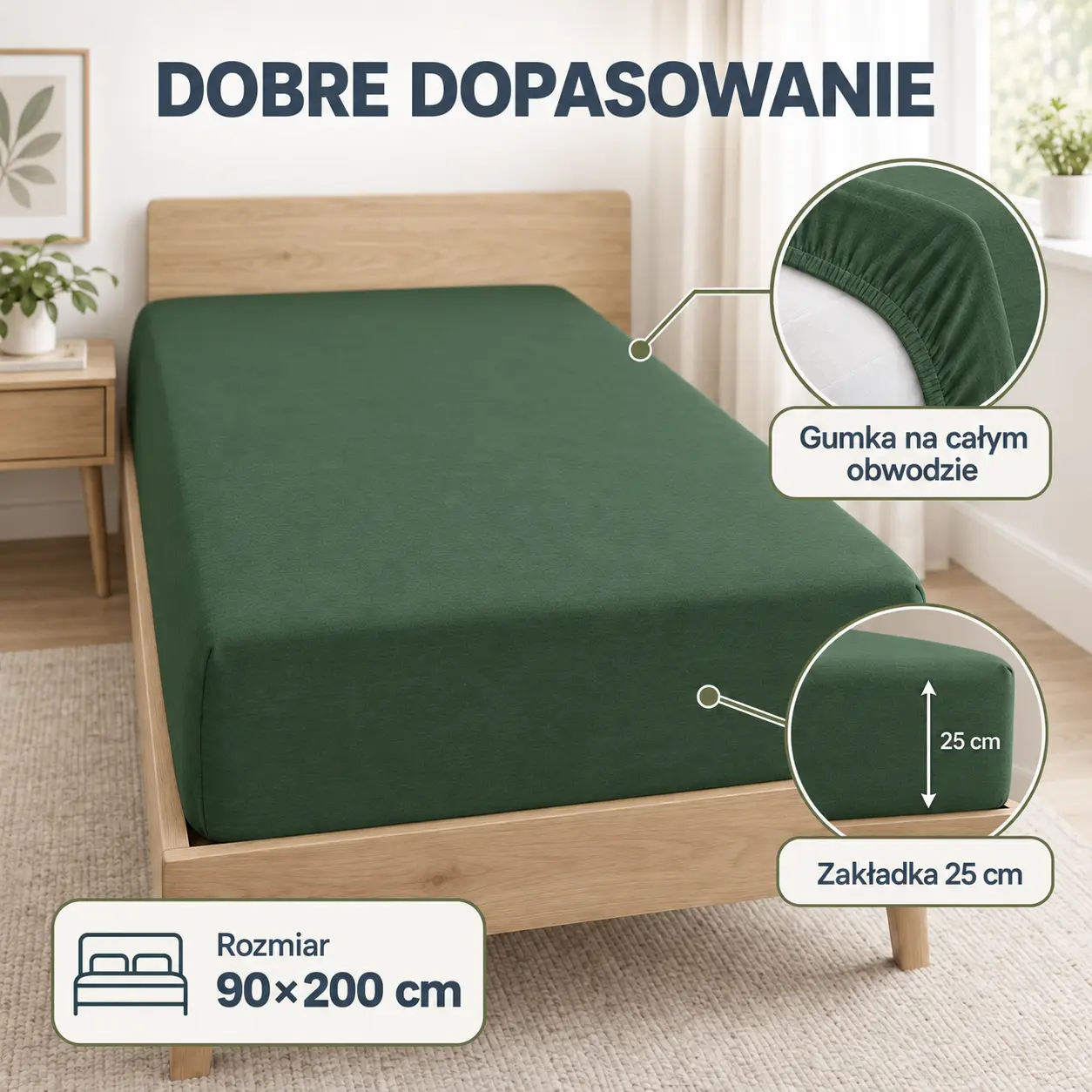 Zielone prześcieradło jersey 90×200 cm z gumką na całym obwodzie i zakładką 25 cm