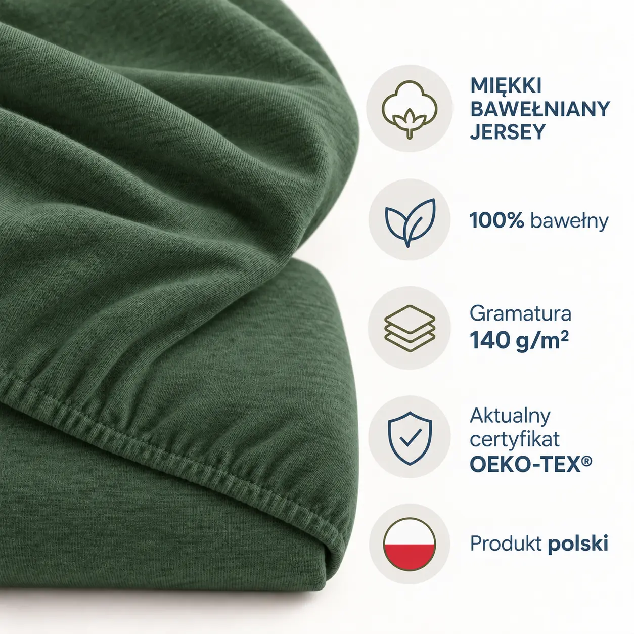 Cechy zielonego prześcieradła jersey: 100% bawełny, gramatura 140 g/m², OEKO-TEX® i produkt polski